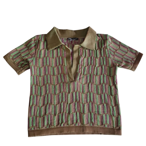 ZARA‎ Olive Green Seamless Textured Jaquard Retro Vneck Crop Top | Polo Size M-L - Picture 3 of 11